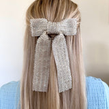 Hand-Beaded Silver Hair Bow Barrette